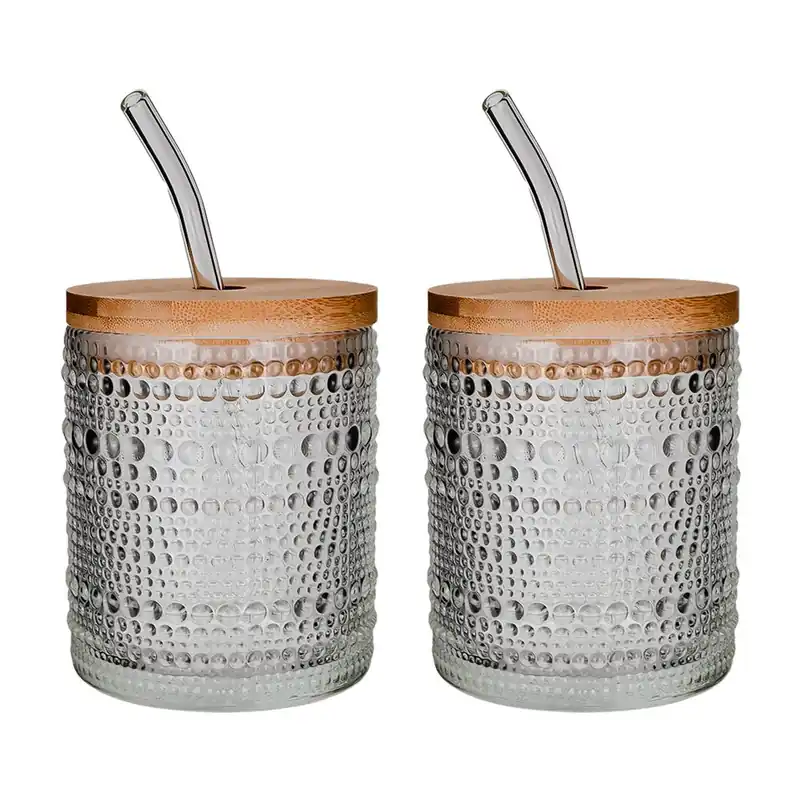 Envío Inmediato Juego de vasos de vidrio con popote y tapa 350 ml 2 piezas ATH-929 Home Sweet Home